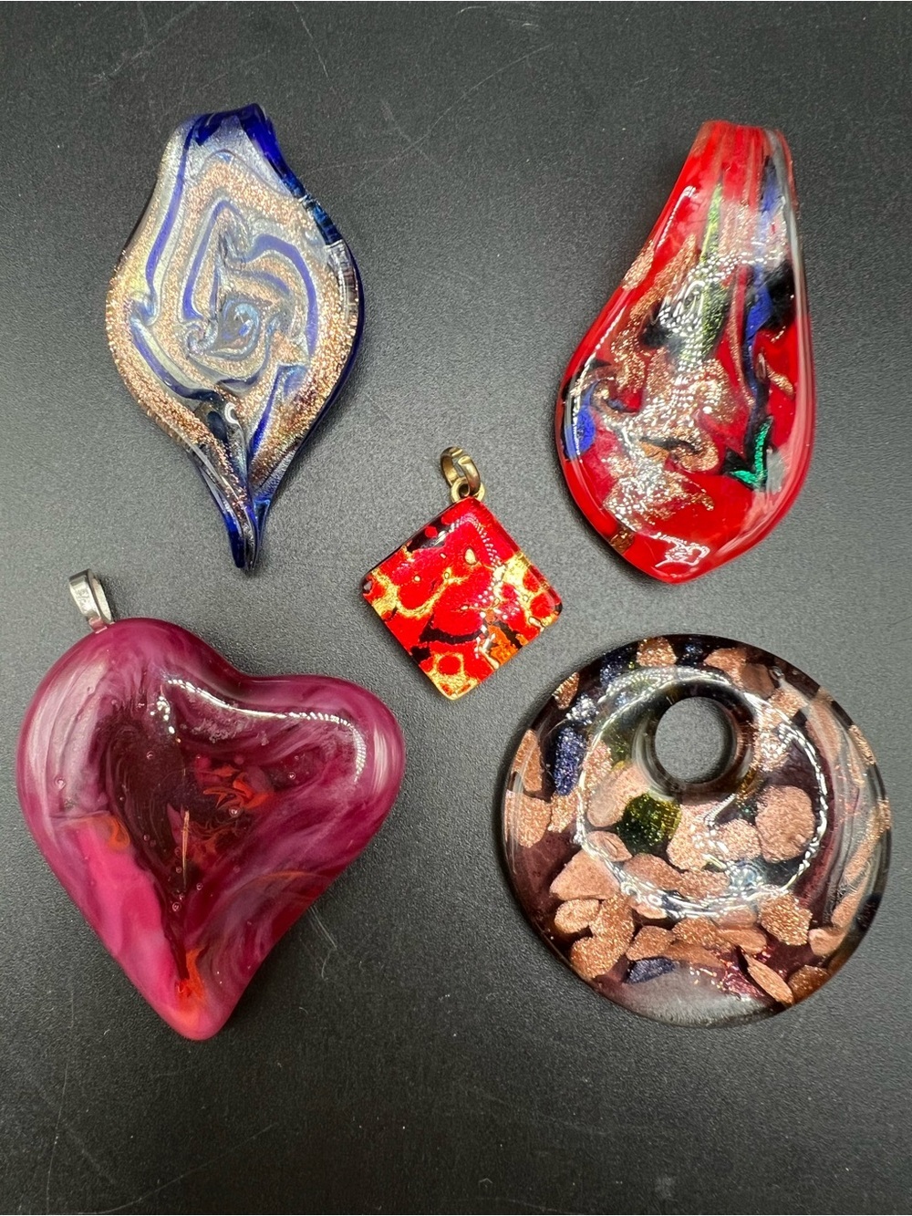 Lot of 5 Art Glass Pendants Hand Blown Dichroic Glass Heart Disc Jewelry Making